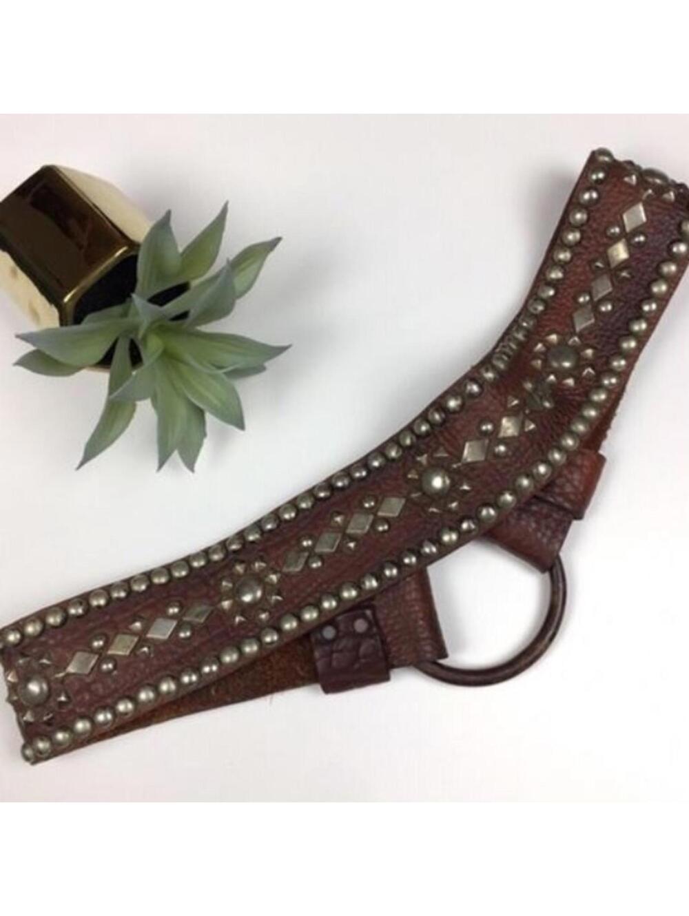 Boho Western Brown Leather Belt Wide Silver Stud RARE OAK XL Cowgirl Bohemian